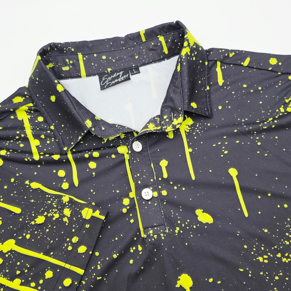 Sunday Swagger Mens Golf Polo Shirt Large Black Neon Yellow Paint Splatter Drip